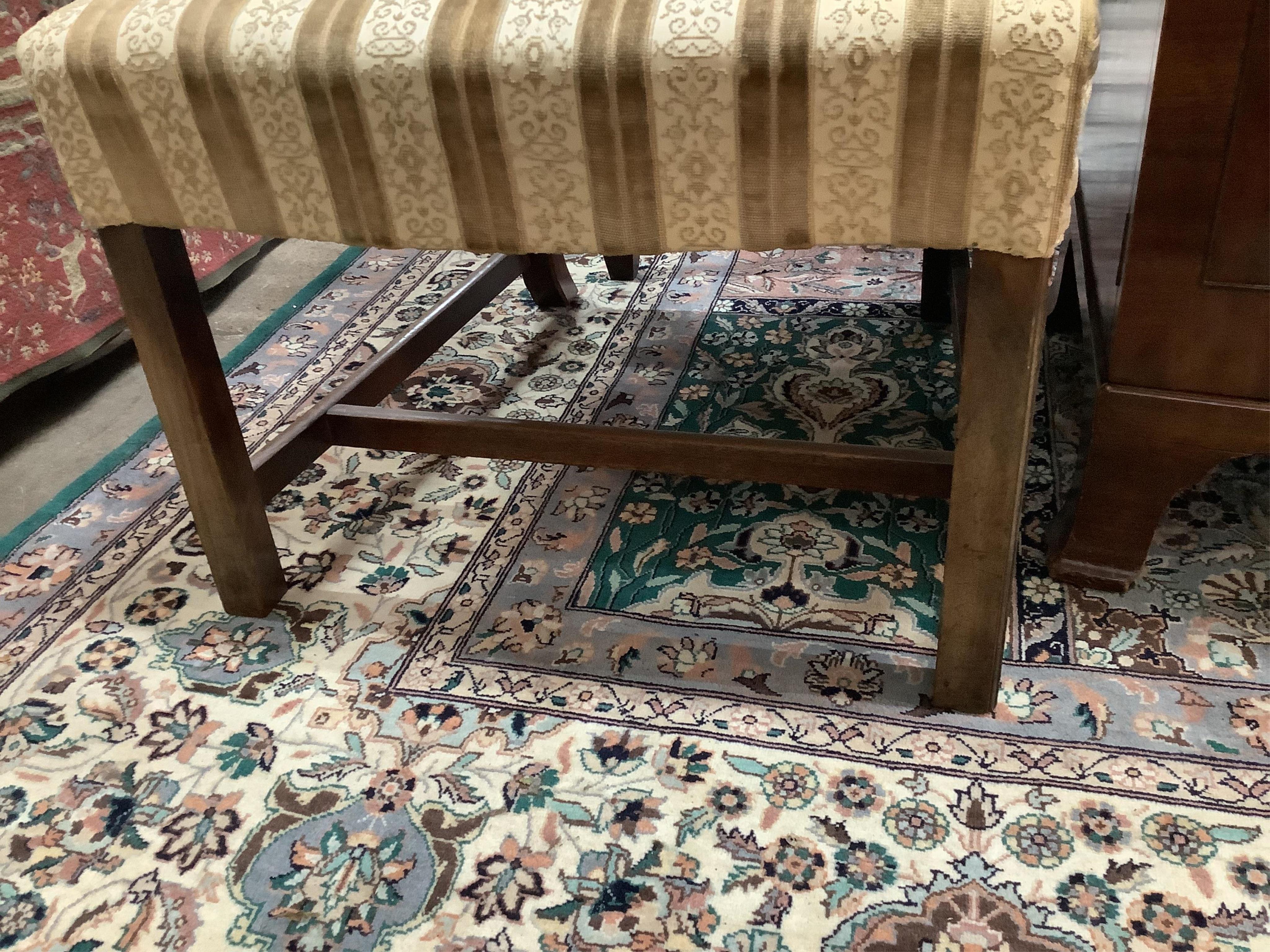 A pair of George III style upholstered mahogany side chairs, width 50cm, depth 56cm, height 94cm. Condition - fair